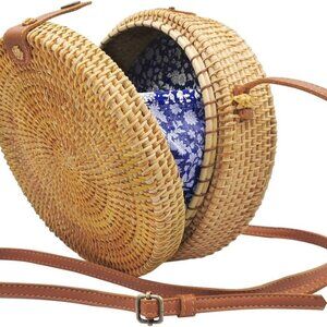 Handwoven Round Rattan Bag for Women Bali Ata Straw Bags Adjustable Shoulder Lea